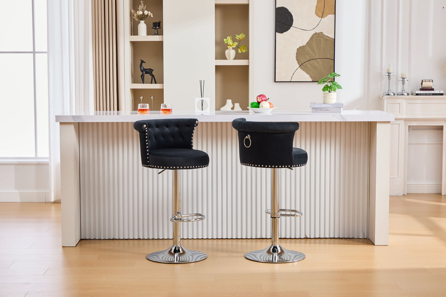 Velvet Bar Stool Set Adjustable Swivel Bar Stools with Silver