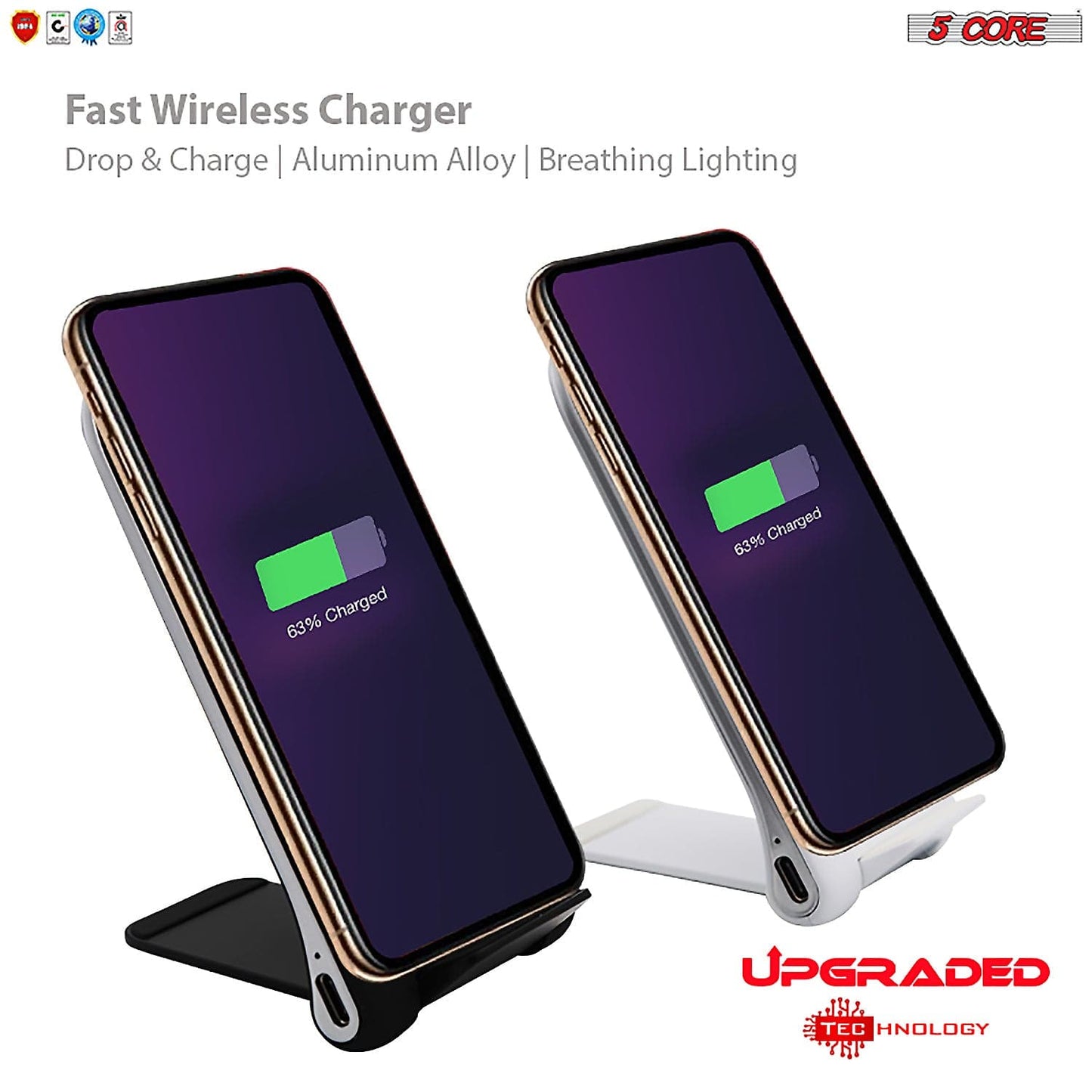5 Core Wireless Charger 10W Max Fast Wireless Charging Pad Glass Top