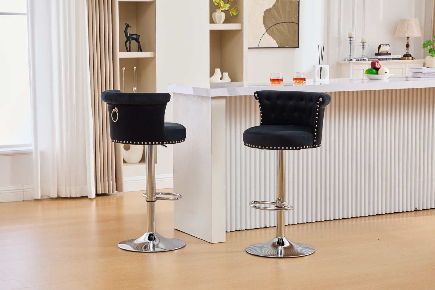 Velvet Bar Stool Set Adjustable Swivel Bar Stools with Silver