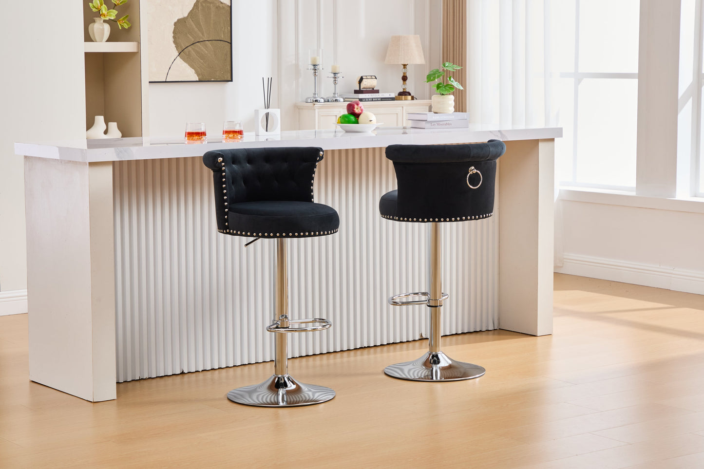 Velvet Bar Stool Set Adjustable Swivel Bar Stools with Silver