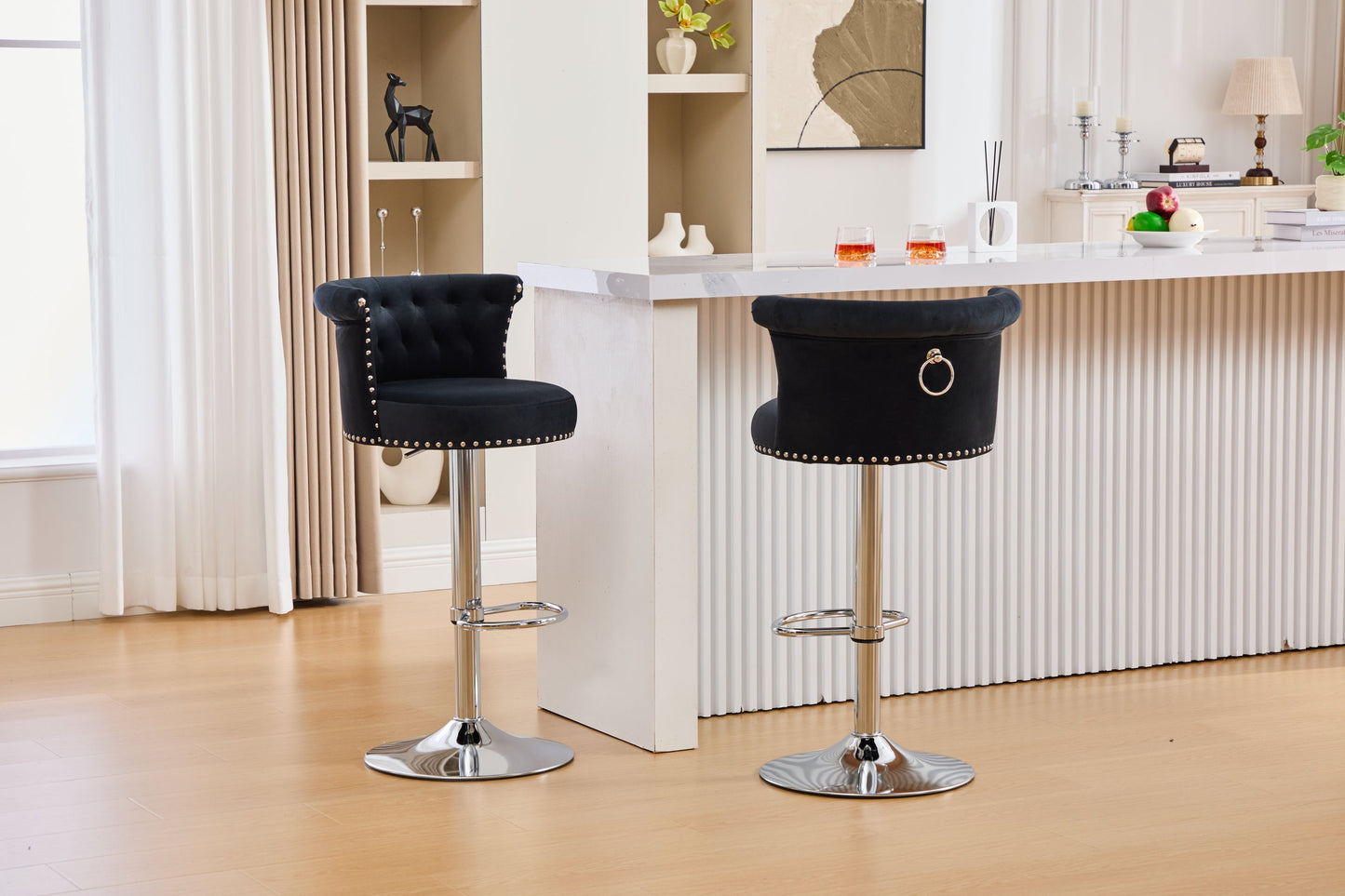 Velvet Bar Stool Set Adjustable Swivel Bar Stools with Silver